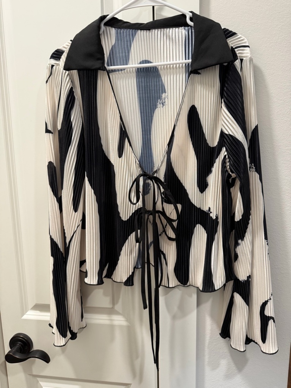 Abstract Black & White Pleated Tie-Front Blouse